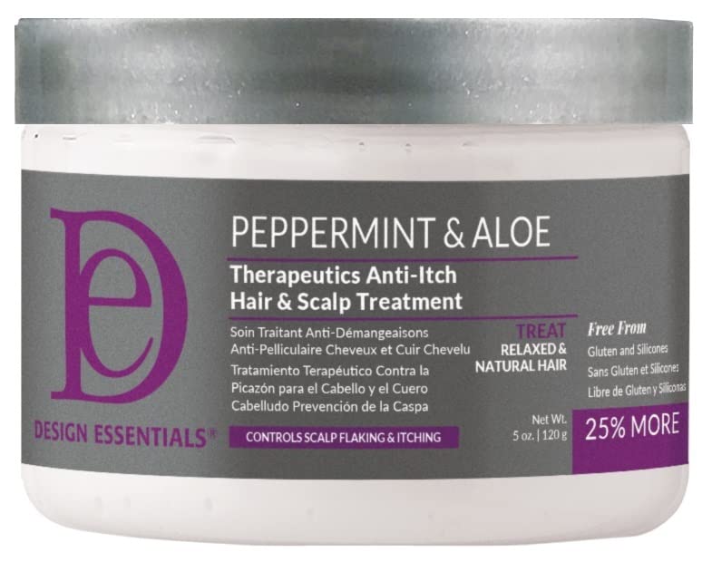Design Essentials Peppermint & Aloe Therapeutics bottle for soothing scalp care and daily conditioning.
