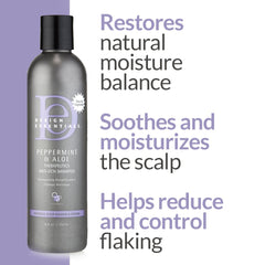 Design Essentials Peppermint Aloe Therapeutics scalp application demonstrates soothing effect.