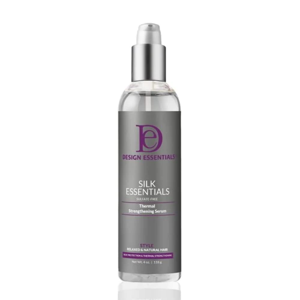 Design Essentials Silk Essentials serum bottle offers heat protection for sleek, glossy styles.