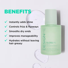 Design.Me GLOSS.ME serum-dispense highlights precise application for targeted frizz smoothing.