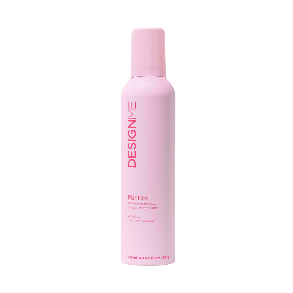 Design.Me PUFF.ME bottle demonstrates lightweight volume for fine hair.