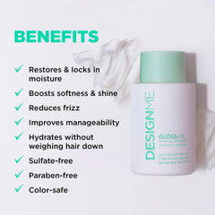 Design.Me GLOSS.ME Hydrating Conditioner ingredients close-up with moringa and argan oils.