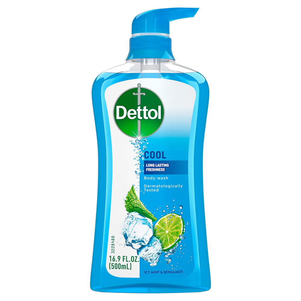 Dettol Cool Body Wash bottle front highlighting mint-bergamot freshness for daily cleansing.