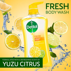 Close-up of Dettol Fresh Body Wash label highlighting pH-balanced formula.