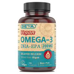 DEVA Vegan Omega-3 DHA-EPA bottle with delayed-release capsules for reduced aftertaste
