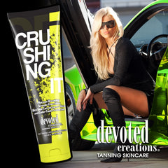 Devoted Creations Crushing It bottle with Agave Melon fragrance for a refreshing tanning ritual.