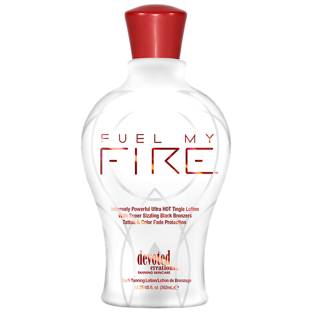 Devoted Creations Fuel My Fire bottle highlights deep bronzing potential for sun-ready skin