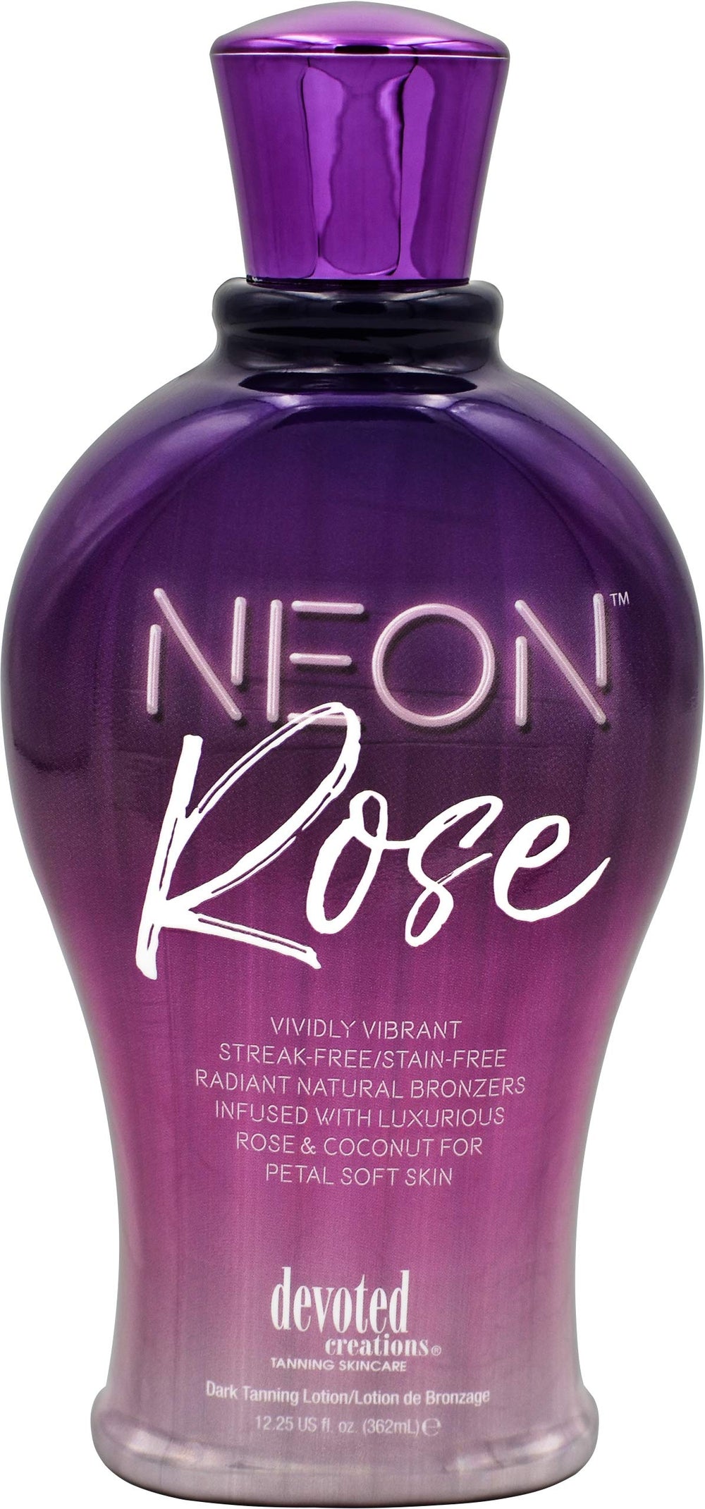 Devoted Creations Neon Rose tanning lotion bottle front view with natural bronzers for a streak-free glow.
