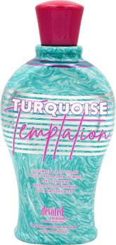 Devoted Creations Turquoise Temptation bottle front highlights sleek design for easy indoor tanning.