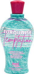 Devoted Creations Turquoise Temptation bottle front highlights sleek design for easy indoor tanning.