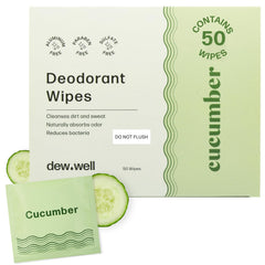Dew Well Deodorant Wipes packaging showcases compact travel kit for on-the-go freshness.