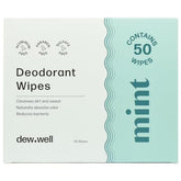 Dew Well mint packaging highlights travel-ready deodorant wipes for on-the-go freshness.