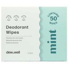 Dew Well mint packaging highlights travel-ready deodorant wipes for on-the-go freshness.