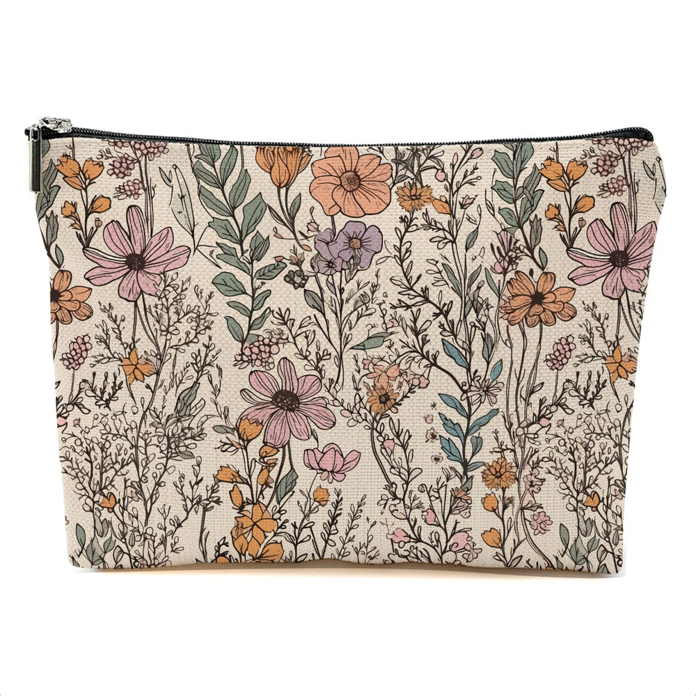 DHKG Secret Santa makeup bag front view, vintage wildflowers, portable daily-use organizer.