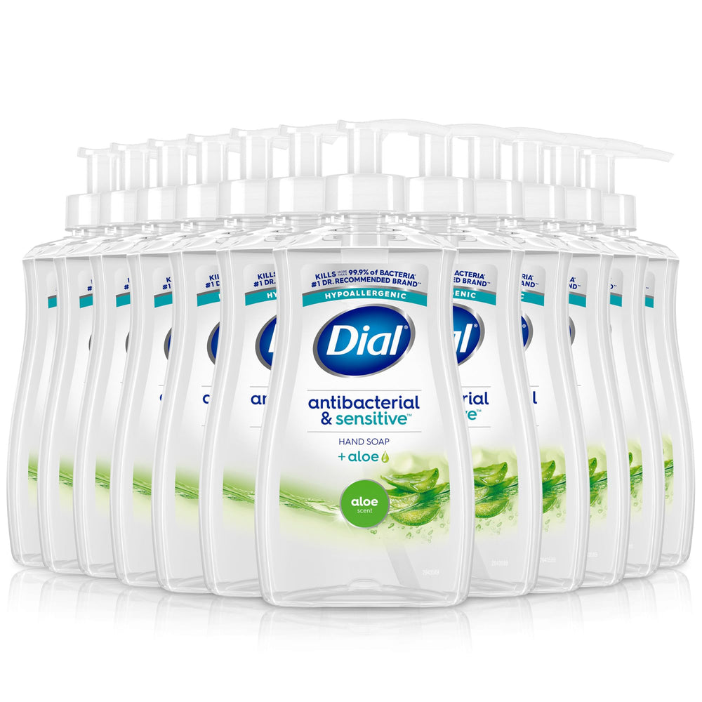 Dial Antibacterial Defense bottle front shows aloe formula for everyday hand cleansing.