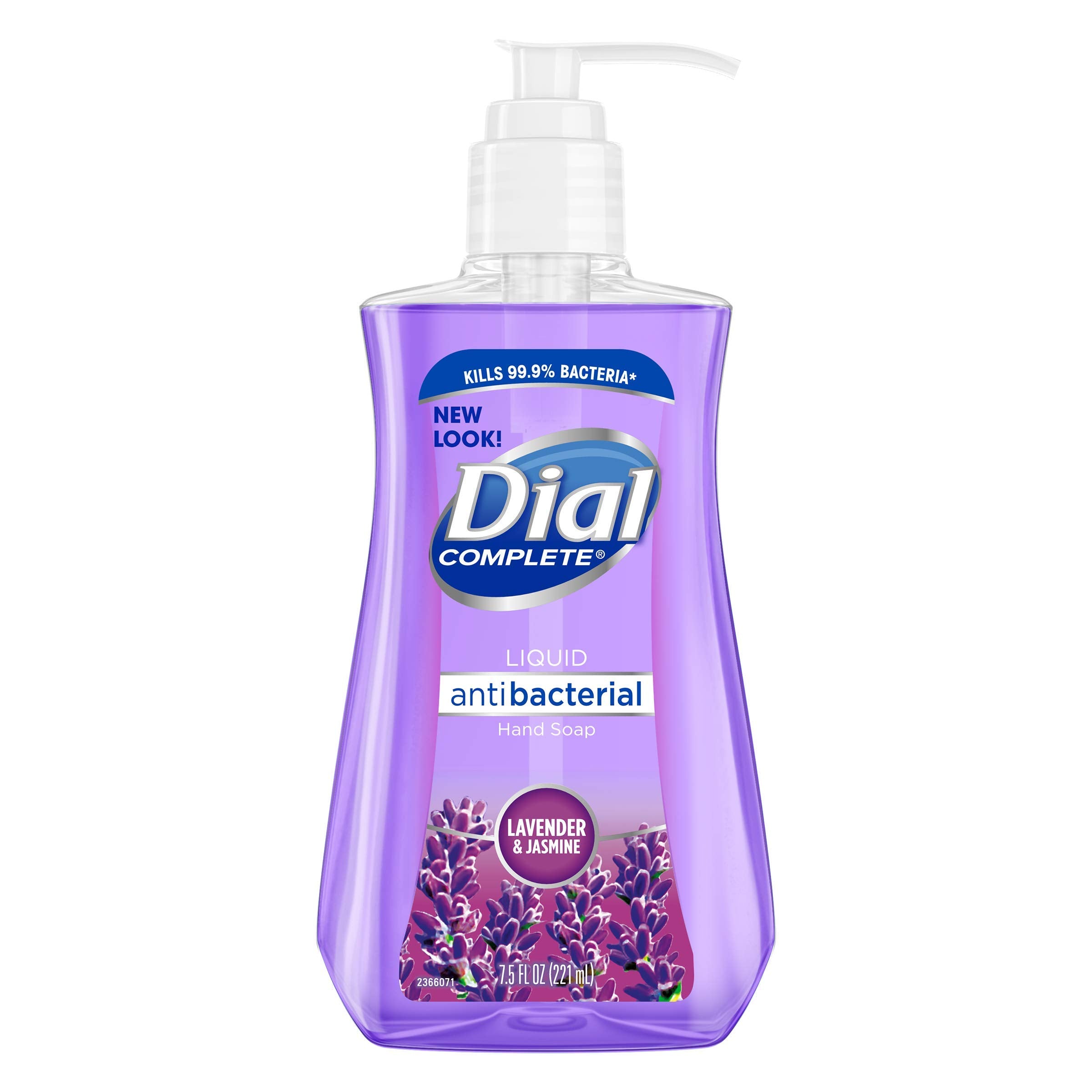 Dial antibacterial liquid hand soap lavender bottle shows effective cleansing with calming lavender scent.