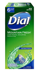 Dial Mountain Fresh antibacterial bar soap pack front shows six bars for daily freshness.
