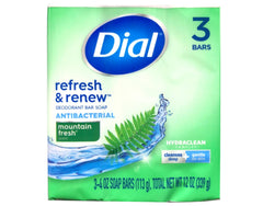 Dial Mountain Fresh antibacterial deodorant bar soap close-up highlighting clean scent and protection.