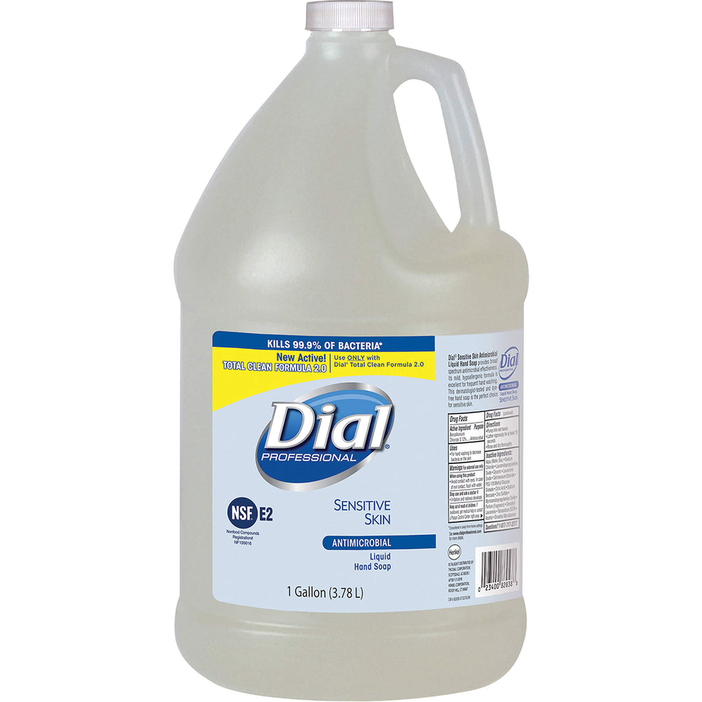 Dial Sensitive Skin Antimicrobial Soap refill bottle, gentle for frequent handwashing in healthcare and classroom settings.