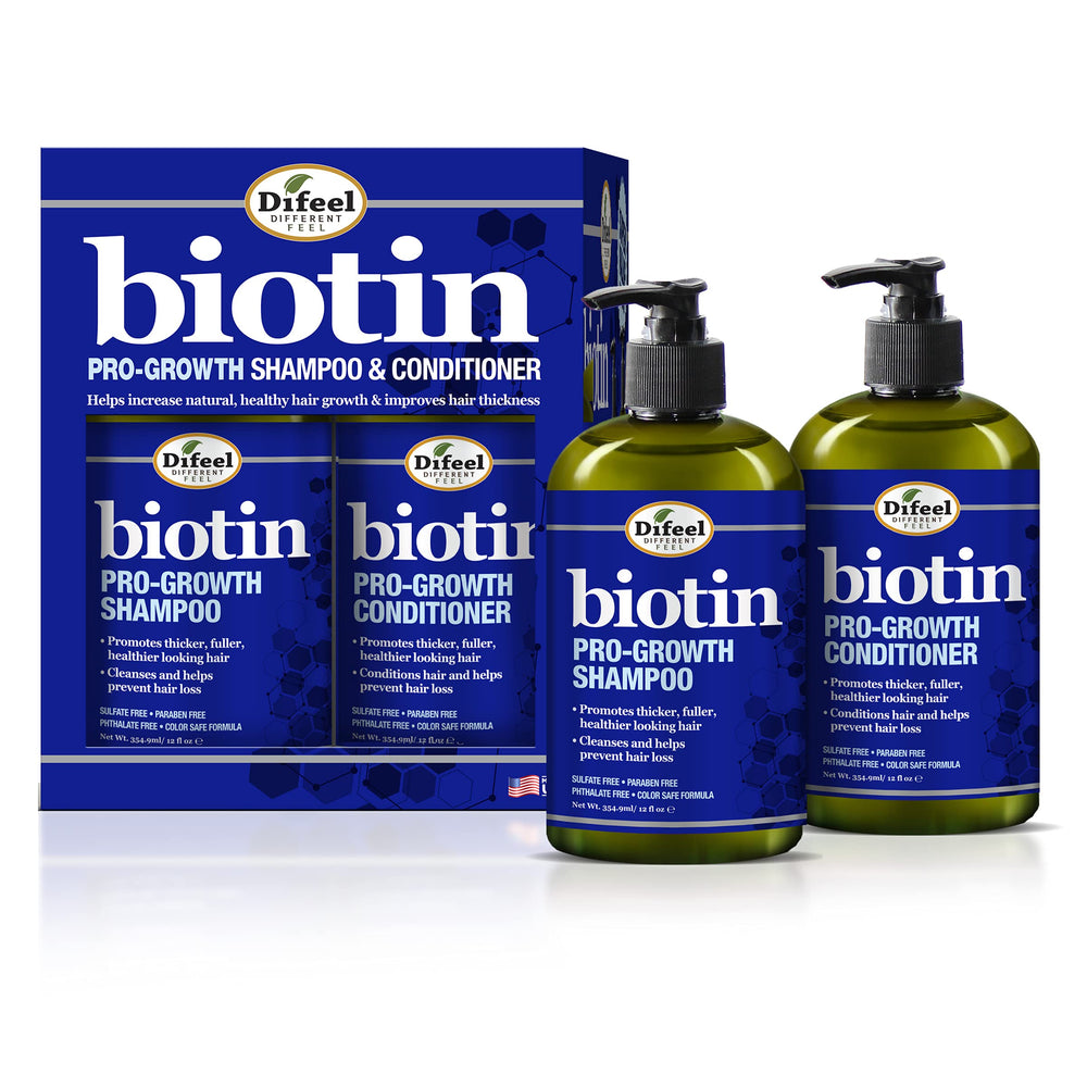 Difeel Biotin Pro-Growth Shampoo bottle highlights thinning-hair support.