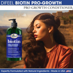 Difeel Pro-Growth Biotin Conditioner label close-up highlighting biotin formula for growth.