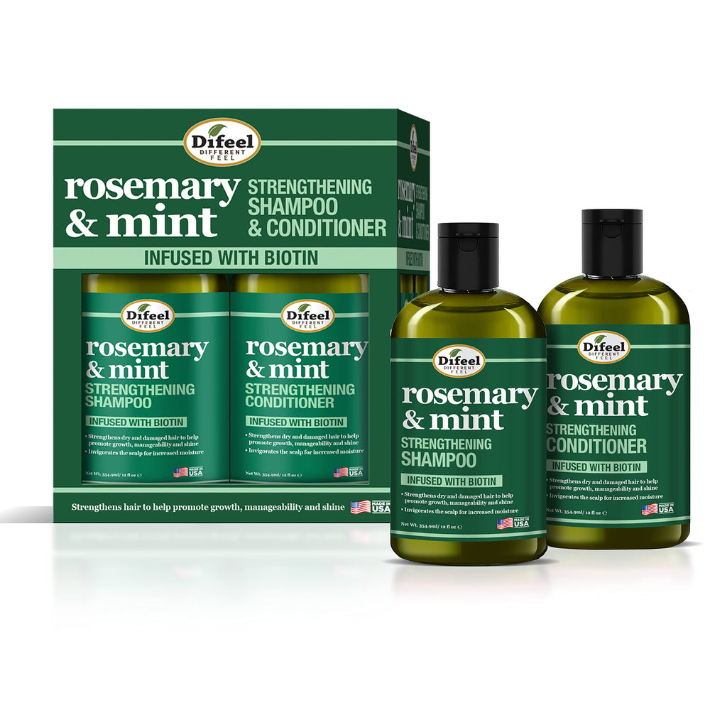 Difeel Rosemary Mint Shampoo bottle shows sulfate-free cleansing.