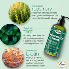 Made in USA label on Difeel rosemary mint shampoo bottle for everyday cleansing.