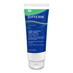 Differin Acne-Clearing Body Wash bottle pouring for a gentle daily cleanse on skin.