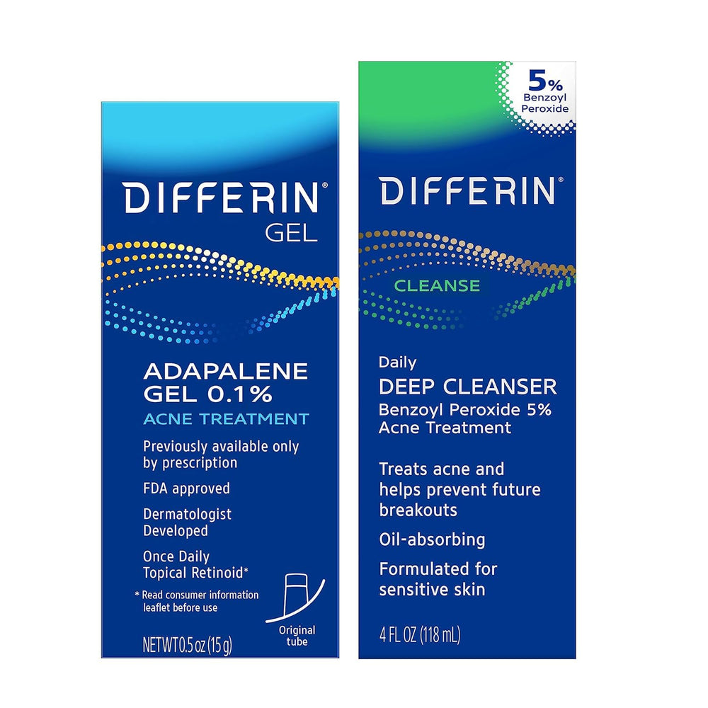 Differin acne kit front view with gel and cleanser for acne-prone skin.