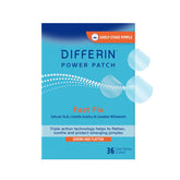 Differin acne patches visible on a small blemish with gentle exfoliation.