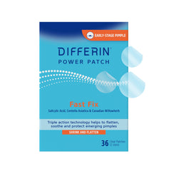 Differin acne patches visible on a small blemish with gentle exfoliation.