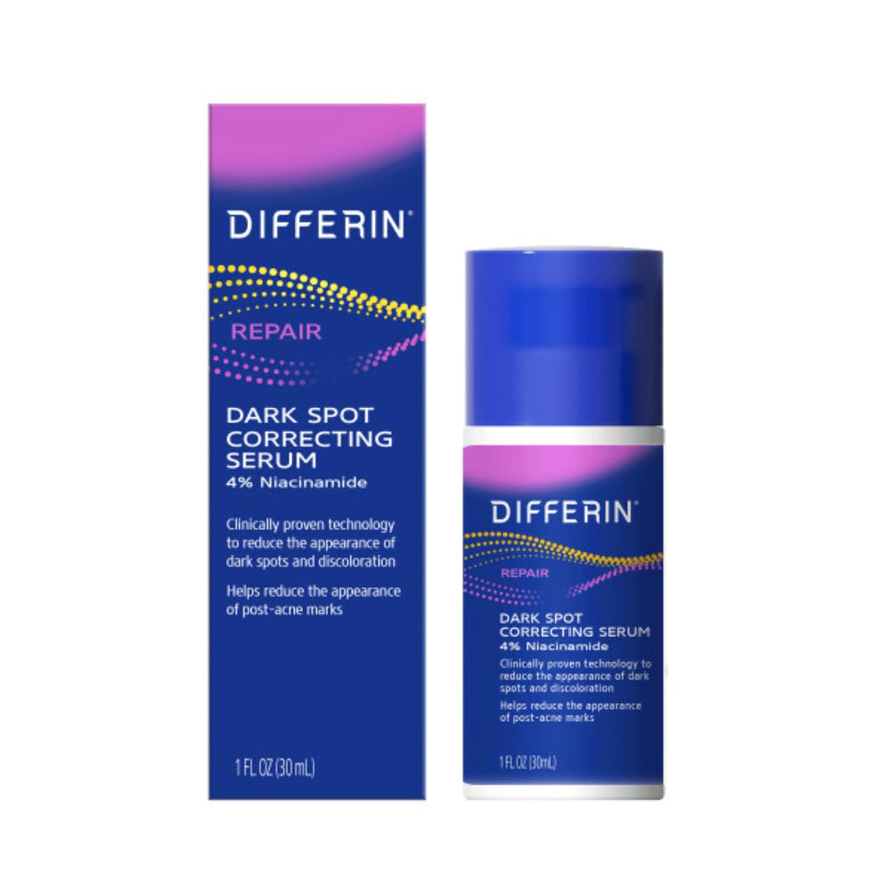 Differin Dark Spot Correcting Serum bottle shows a smooth daily-brightening formula.