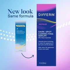 Differin serum packaging highlights compact travel-friendly 1 oz size for on-the-go routines.