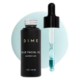 DIME Beauty Blue Facial Oil bottle with blue tansy and rosehip for hydration.