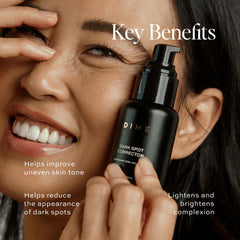 User applies serum to cheek to support an even-looking complexion.
