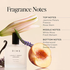 DIME Lovely Sweet Dreams top notes image highlights jasmine, freesia, rose for fresh scent