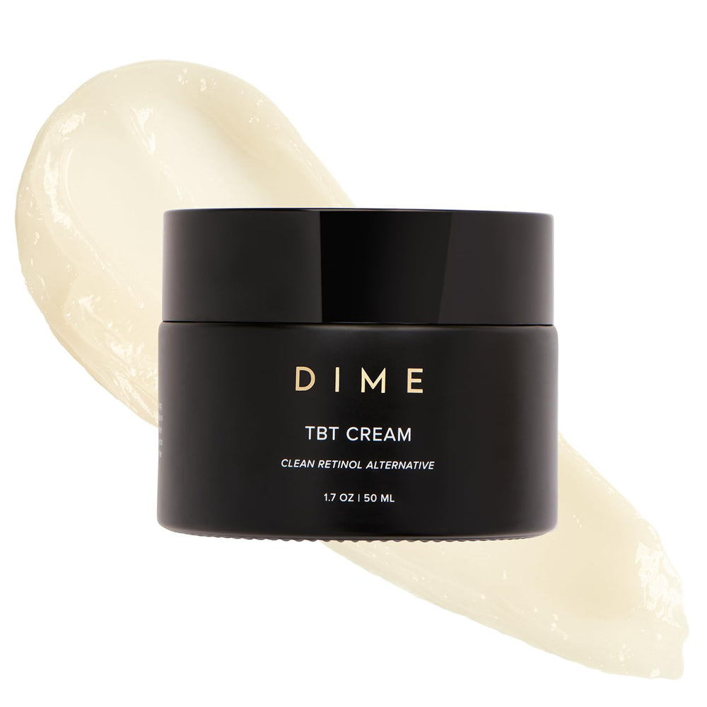 DIME Beauty TBT Cream jar closeup reveals creamy nightly rejuvenation.