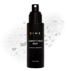 DIME Beauty Thirsty Face Mist bottle close-up showing refreshing hydration for on-the-go skin.