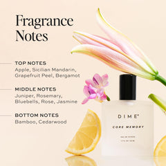DIME Core Memory notes-closeup illustrating fruity citrus and herbal heart for uplifting moments.