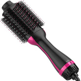 Dimecano hair dryer brush top view in black-pink showing ergonomic design for home styling.