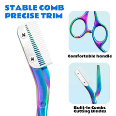 DINNAT Eyebrow Scissors with Comb rainbow closeup highlights ultra-sharp blades for clean cuts