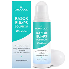 Dinocook Razor Bumps Serum bottle on bathroom shelf, soothing irritated skin after shaving