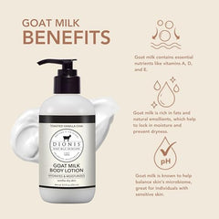 Dionis Goat Milk Body Lotion Vanilla Chai bottle closeup highlights creamy texture and light fragrance