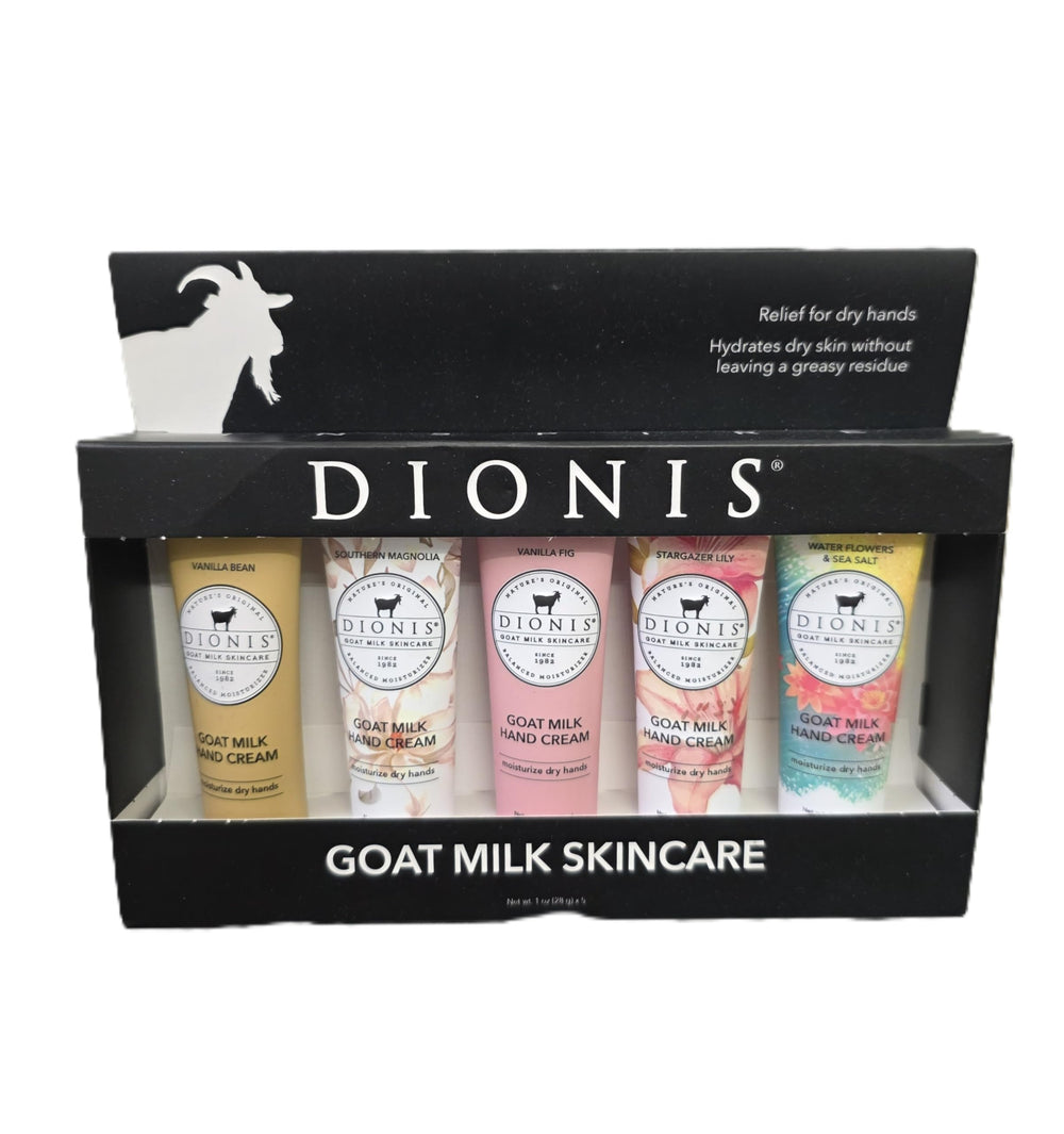 Dionis Goat Milk Hand Cream Gift Set Vanilla Bean bottle provides rich hydration for dry hands.