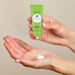 Dionis Goat Milk Verbena & Cream label closeup emphasizes clean ingredients and cruelty-free formulation.