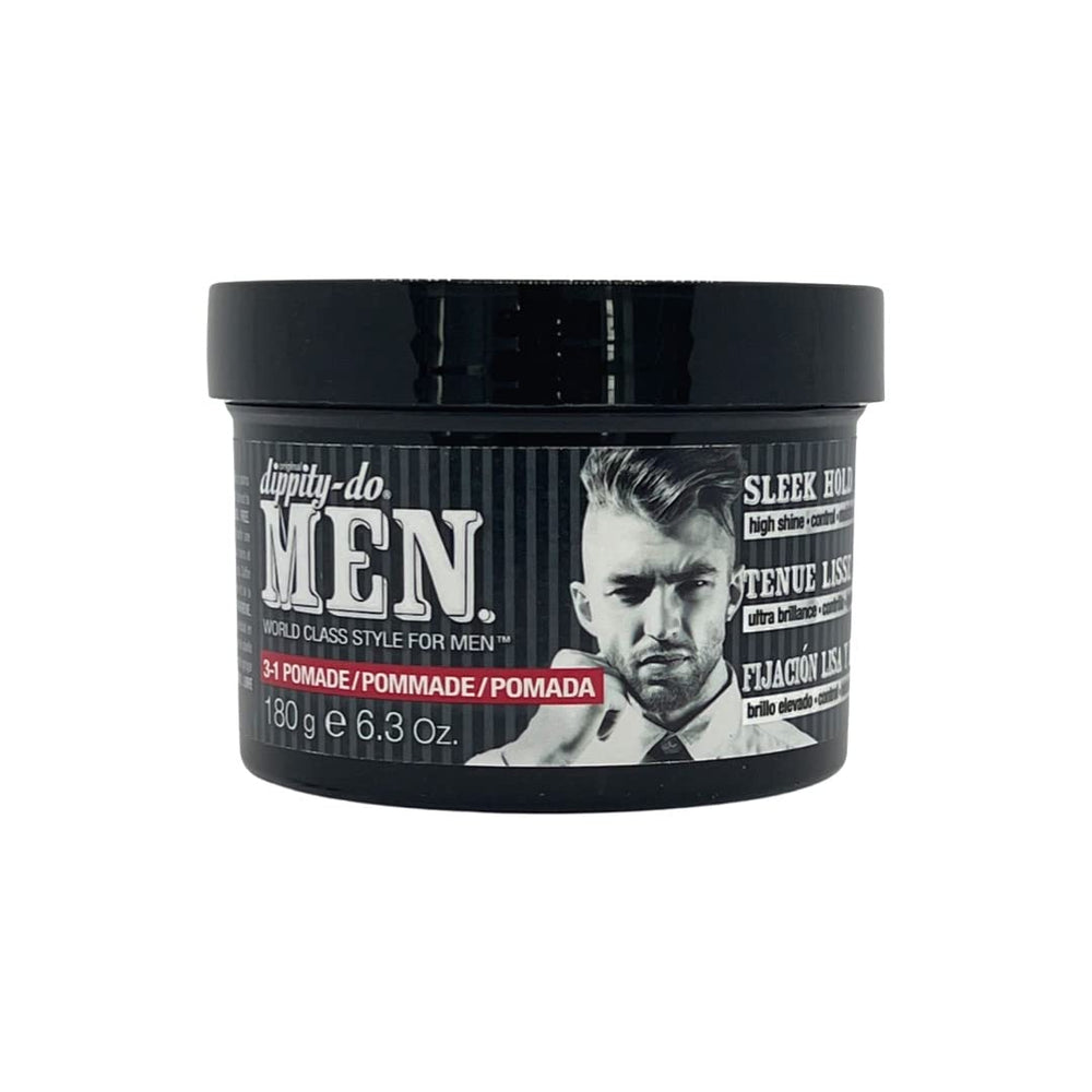 Dippity Do Men 3-in-1 Pomade bottle shot for versatile styling, moisture, and shine.