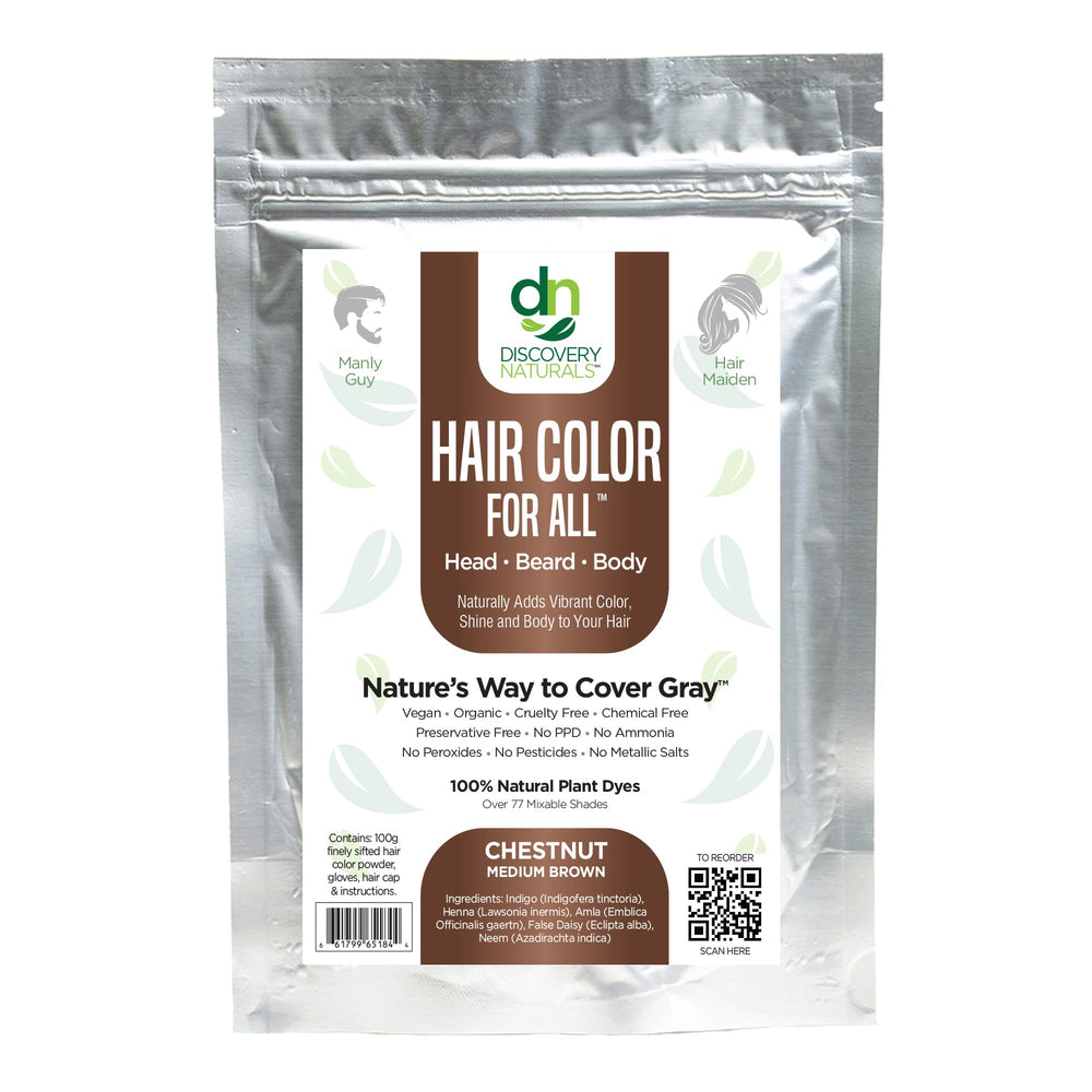 Discovery Naturals Brown Henna Color Kit packaging highlights vegan, chemical-free color option
