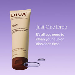 DIVA Wash lather on DivaCup during cleaning, quick rinse with warm water.