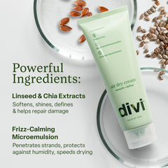 Divi Air Dry Styling Cream ingredients highlight linseed and chia for nourishment.