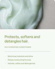 Divi Hydrating Conditioner ingredients closeup highlights betaine and plant oils for moisture balance.